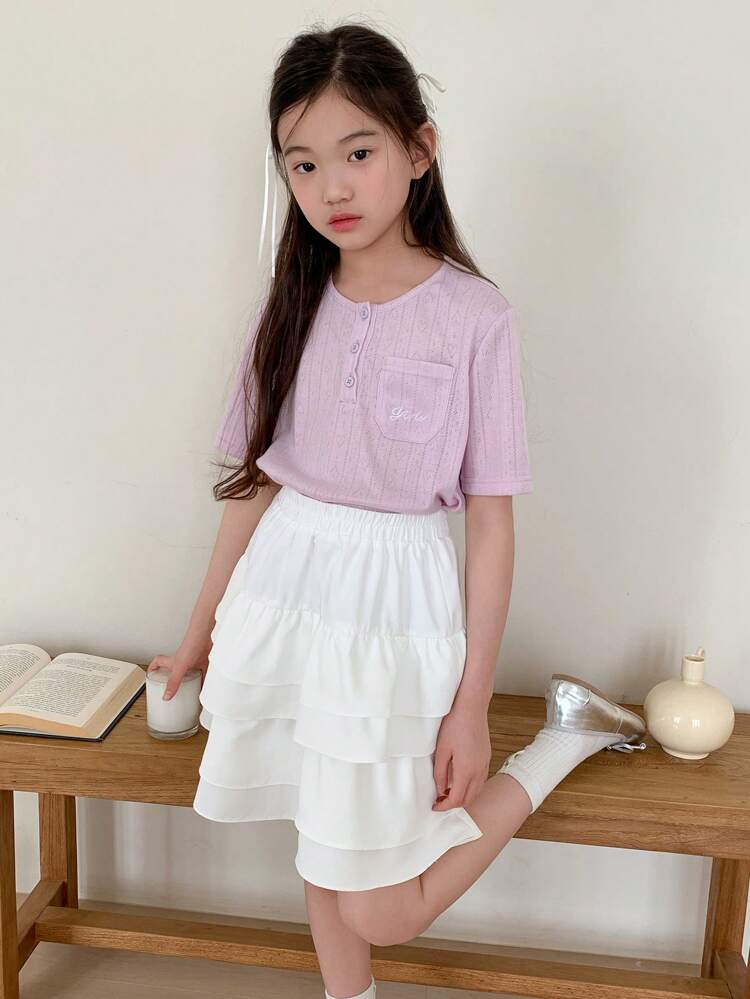 Tween Girl Letter Print Single-Breasted Short Sleeve Pocket Top And Cake Skirt Casual 2pcs Set