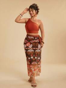 Travachic Plus Size Vacation Casual Tropical Retro Print Spring/Summer Beachwear Set - Halter Top + High-Waist Shorts + Palm Tree Retro Print Sarong Cover-Up - Brown - View 1