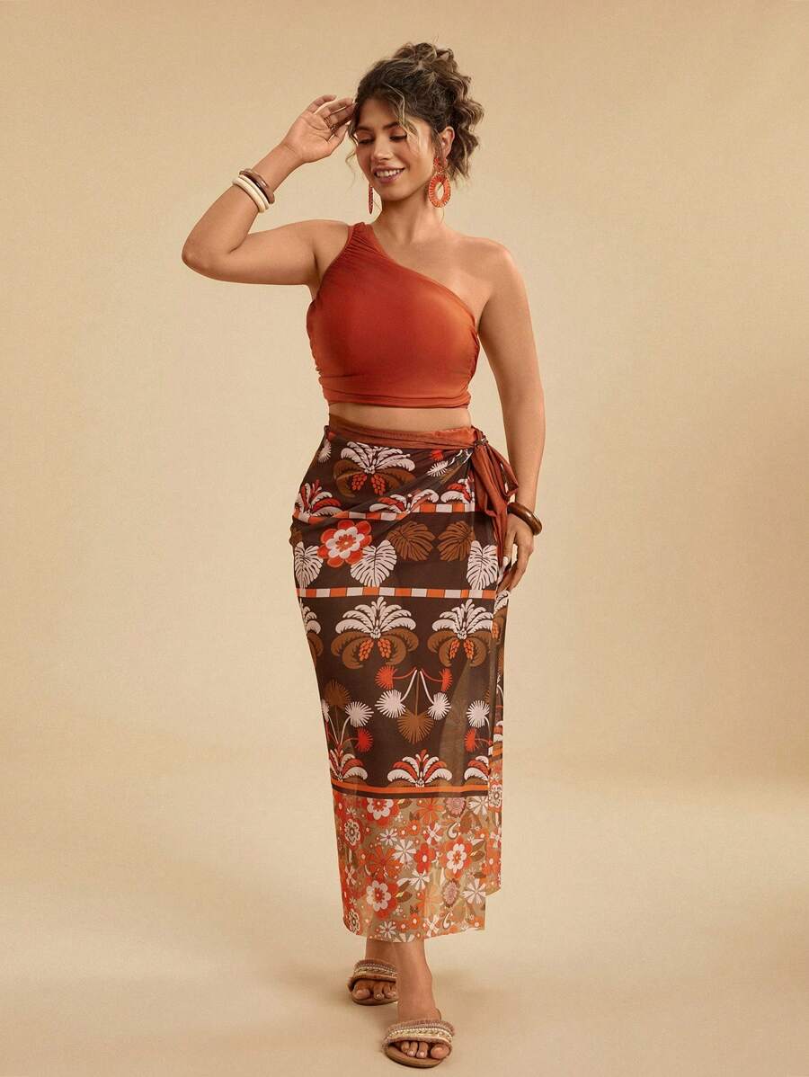 Travachic Plus Size Vacation Casual Tropical Retro Print Spring/Summer Beachwear Set - Halter Top + High-Waist Shorts + Palm Tree Retro Print Sarong Cover-Up - Brown - View 1