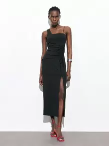 Maija 2025 年夏季新品不对称剪裁肩部抽绳系带侧高开衩设计波西米亚风度假音乐节海滩度假休闲浪漫都市度假连衣裙，适合外出、派对、婚礼嘉宾、圣帕特里克节、春假、复活节