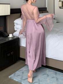 DAZY Váy ngủ ren viền lưới và satin lãng mạn dành cho nữ, đồ ngủ xuân/hè, thu, đông - Màu tím - Xem 2