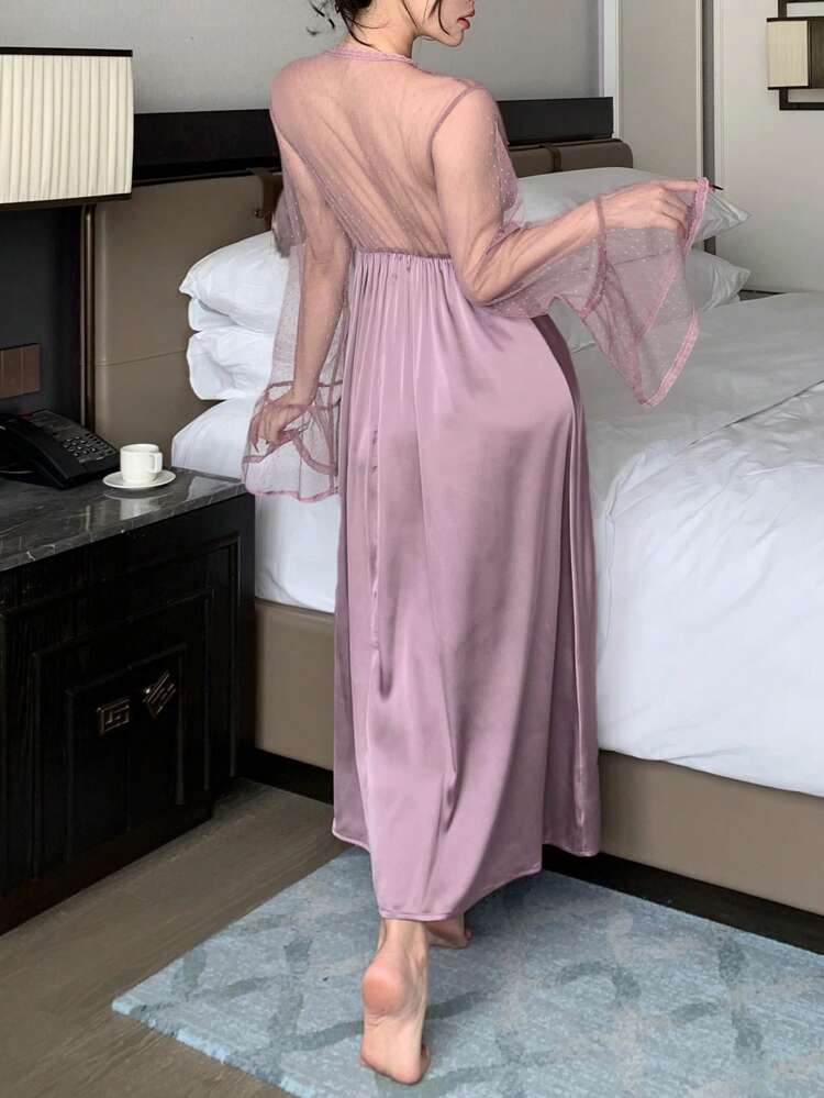 Women's Romantic Mesh & Satin Trim Lace Decor Nightgown, Spring/Summer Pajama, Fall, Winter