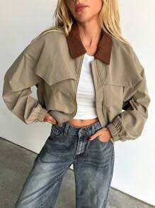 Aloruh Women's Casual Color Block Collar Jacket, Spring/Autumn,Graduation,Back To School Outfits - Army Green - View 3