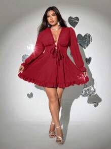 Viva Relle Plus Size Sexy Deep V-Neck Tie Front Ruffle Trim Dress,Valentine - Red - View 3