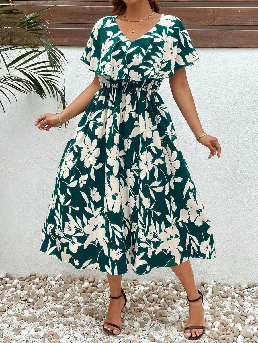 SHEIN Clasi Plus Size Women's Resort Floral Print Ruffle Hem Dress, Suitable For Vacation And Everyday Wear,Summer Outfits For Women,Vacation Outfits Women,Sun Dress,Sun Dress,Rave Outfits Festival/Concert Outfit Women/ Rave Outfits/Country Concert Outfit/Nashville Outfits/Outfits/Ibiza Outfits - Multicolor - View 1