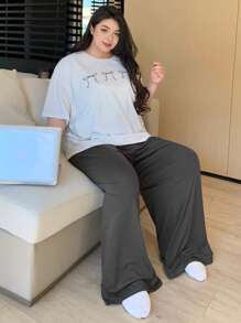 Dazy Plus Plus Size Women Butterfly Print Top And Pants 2Pcs Lounge Set Pajama - White - View 9