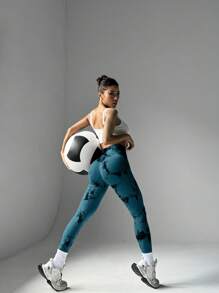 SHEIN Core Rhythm 扎染无缝高弹力运动紧身裤 Sport Studio 高腰无缝修身女式紧身裤 - 弹性柔软触感透气四向弹力紧身裤，适合跑步、骑行、瑜伽、泡菜球运动、休闲 - 彩色 - 查看 3