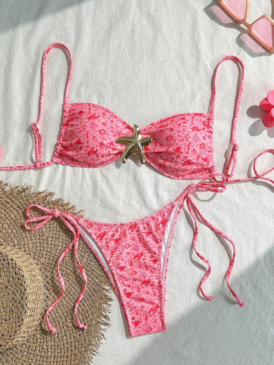 Swim Mod Random Shell Golden Decor Spaghetti Strap Wireless Top And Swim Briefs, Women Summer Beach Vacation 2Pcs Swimwear Set - Pink - View 1