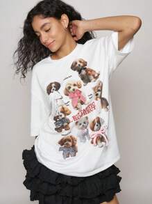 Easelle Camiseta de calle para mujer con cuello redondo, mangas caídas y estampado de perro con letra