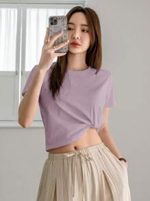 Dazy-Less Solid Color Round Neck Casual Short Sleeve T-Shirt Summer,Crop Tops Women Business Casual Woman Work Clothes - Purple - View 2