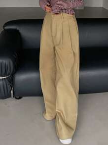 DAZY Women Wide Leg Pants With Pockets, Solid Color, Loose - Brown - View 4