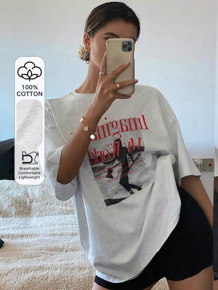 Loose Fit Short Sleeve Round Neck Women's T-Shirt With Letter Print Summer Oversized T-Shirt,Graphic Tees