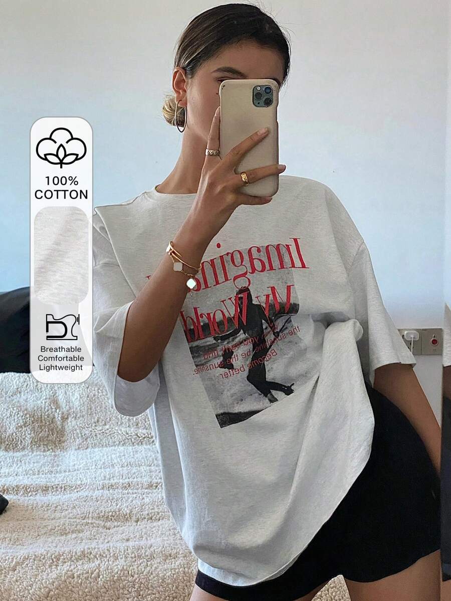 Livesso 宽松短袖圆领女式字母印花T恤夏季超大码T恤，图案T恤 - 白色 - 查看 1