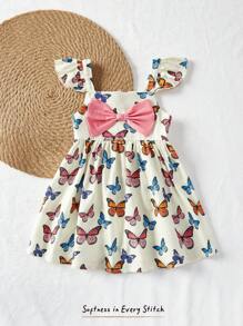 Cozy Pixies Sukienka dla dziewczynek z kwadratowym kołnierzykiem i wzorem motyli, falbaną w talii, uniwersalna i swobodna