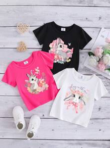 SHEIN 3pcs/Set Baby Girl Cute Easter Bunny Printed Knitted Tops, Suitable For Outing In Spring & Summer - Multicolor - View 1