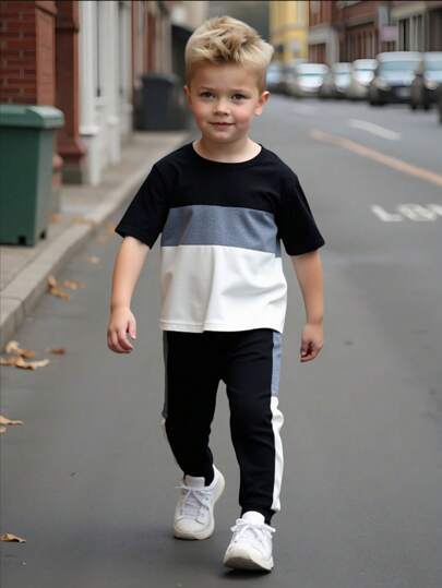 SHEIN Young Boy Casual Sports College Street Style Cute Vacation Black, Gray & Beige Colorblock Round Neck Short Sleeve T-Shirt And Long Pants Set, Suitable For Daily, School, Travel, Sports, Spring/Summer