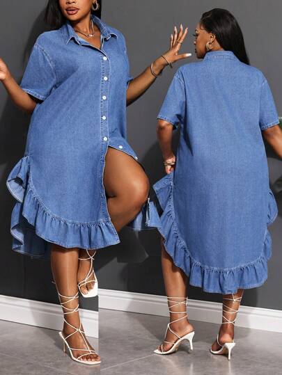 SHEIN Lady 大码女式牛仔连衣裙短袖宽松开裆连衣裙下摆荷叶边连衣裙蓝色牛仔连衣裙休闲度假夏季夏装