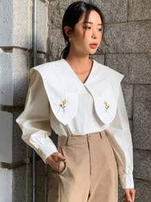 DAZY Floral Embroidery Statement Collar Lantern Sleeve Blouse Long Sleeve Top