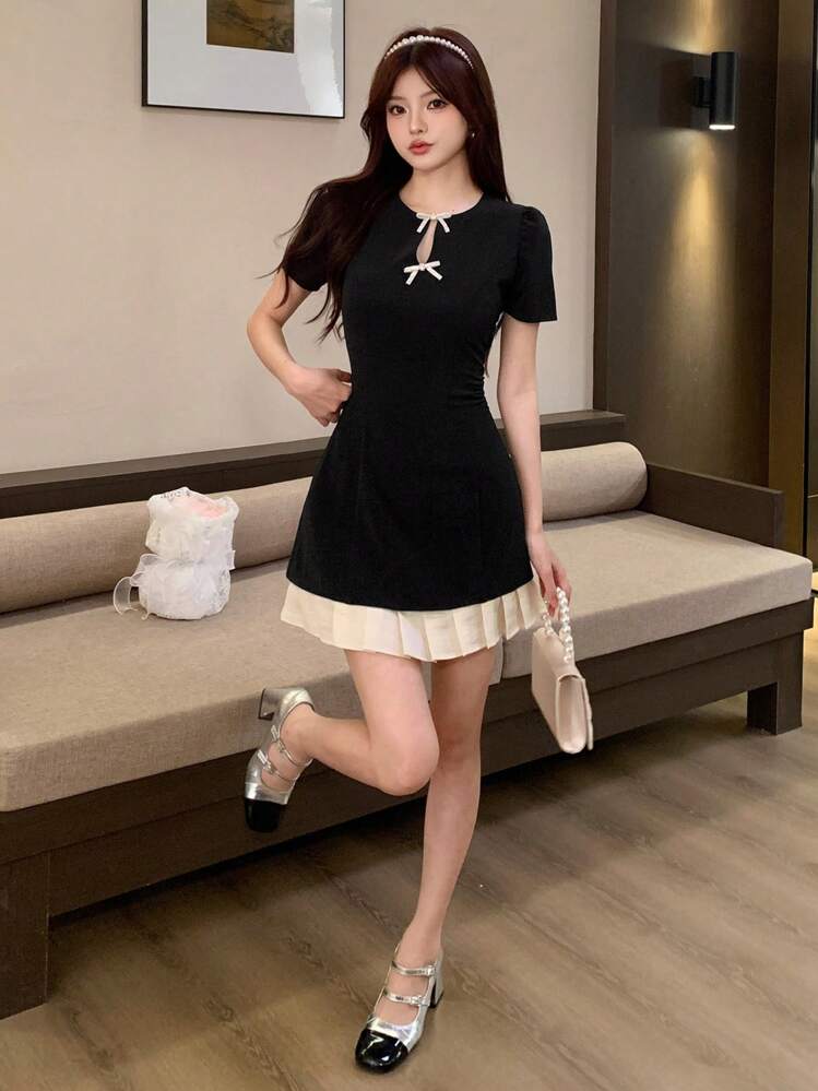 DAZY Women's Round Neck Bowknot Elegant Korean Style Party Mini Dress Summer Sundress,Fall Clothes - Black - View 5