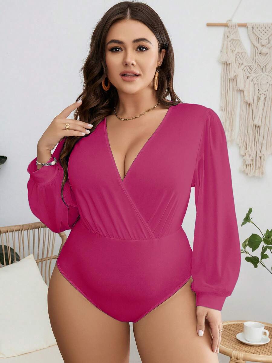 SHEIN Clasi 大码纯色长袖 V 领简约时尚紧身衣 - 粉色 - 查看 1