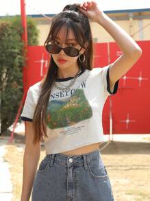 DAZY Scenery & Slogan Graphic Contrast Trim Tee, SUNSET GLOW VACATION EVERY MOMENT INSPIRE YOU ORIGINAL PLAYGROUND INTERNATIONAL,Crop Tops Women - Light Grey - View 7