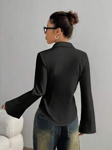 TRNVIE Women Embroidered Front Slim Fit Blouse, Minimalist And Fashionable, Suitable For Summer Fall Cloth For Women - Black - View 2