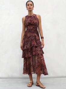 Aveloria Modichic Flowy Elegant Ruched Tiered Ruffled Paisley Chiffon Dress, Lined, Spring/Summer - Multicolor - View 5
