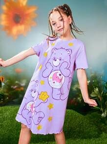 SHEIN X Care Bears 青少年女孩卡通爱心和熊星印花紫色休闲舒适甜美短袖连衣裙家居服 - 紫色 - 查看 1
