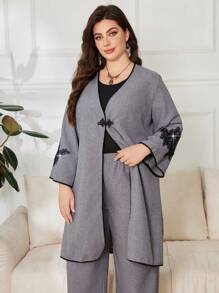Lacomfia Plus Size 2Pcs/Set Solid Color Jacket And Trousers, Casual And Fashionable For Daily Wear - Grey - View 4