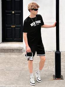SHEIN Leap Crew Teen Boy Casual English Print Short Sleeve T-Shirt With Patchwork Woven Belt Shorts 2pcs Outfit Set - Black - View 5