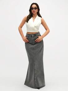 CLARA VERO Women Denim A-Line Skirt, Minimalist And Stylish, Suitable For Spring And Autumn - Grey - View 4