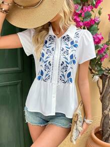 Chiquease 优雅法式花卉刺绣印花短袖衬衫，适合通勤度假，夏季 - 白色 - 查看 1