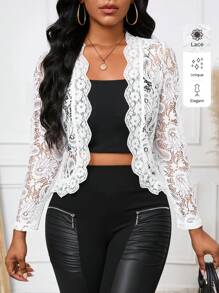 SHEIN Lady 女士优雅休闲通勤蕾丝荷叶边夹克，秋季 - 白色 - 查看 10