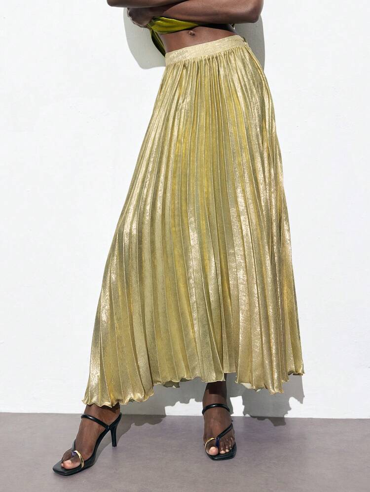 SHEIN Maija Women's Solid Gold Color Pleated Sun Skirt, Minimalist Style A-Line Skirt For Daily, Christmas Party And Urban Wear, Autumn/Winter Valentines Day