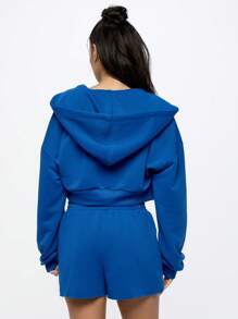 SUMWON WOMEN 舒适的两件套运动休闲服套装，包含短款半拉链连帽衫和宽松短裤，非常适合锻炼、运动休闲、春夏休闲 - 藍色 - 查看 7