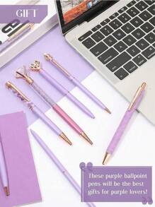 3/6/9 Ballpoint Pens, Metal Crystal Pens, Rhinestones, Liquid Glitter Pens, Black Ink Writing, Cute Pens, Office Supplies Back To School - Purple - View 3