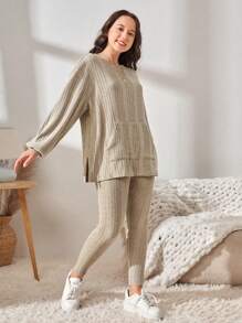 SHEIN Teen Girls Drop Shoulder Split Hem Top & Leggings Set - Beige - View 4