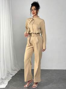 Modelyn 女士新款时尚立领两件套，包括宽松休闲阔腿裤和系带长袖衬衫 - 卡其色 - 查看 7