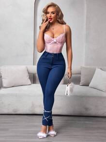 SHEIN Essnce Quần Jeans Denim Ôm Vừa Cạp Cao Cho Nữ - Rửa tối - Xem 5