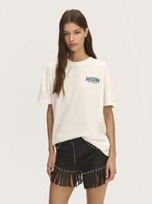 SHEIN Unity Holgada con estampado, cuello redondo, manga corta, suelta para primavera y verano - Beis - Ver 3