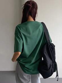 DAZY 女士夏季宽松口号印花圆领落肩T恤图案T恤超大码T恤 - 墨綠色 - 查看 2