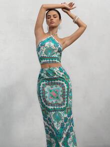 Aveloria Modichic Conjunto de top corto acanalado y falda recta de cintura alta extra larga, diseño distintivo y de moda impreso, ideal para vacaciones