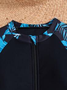 SHEIN Leap Crew Tween Girls Casual Ditsy Floral Patchwork Long Sleeve One-Piece Swimsuit, Spring/Summer - Black - View 4