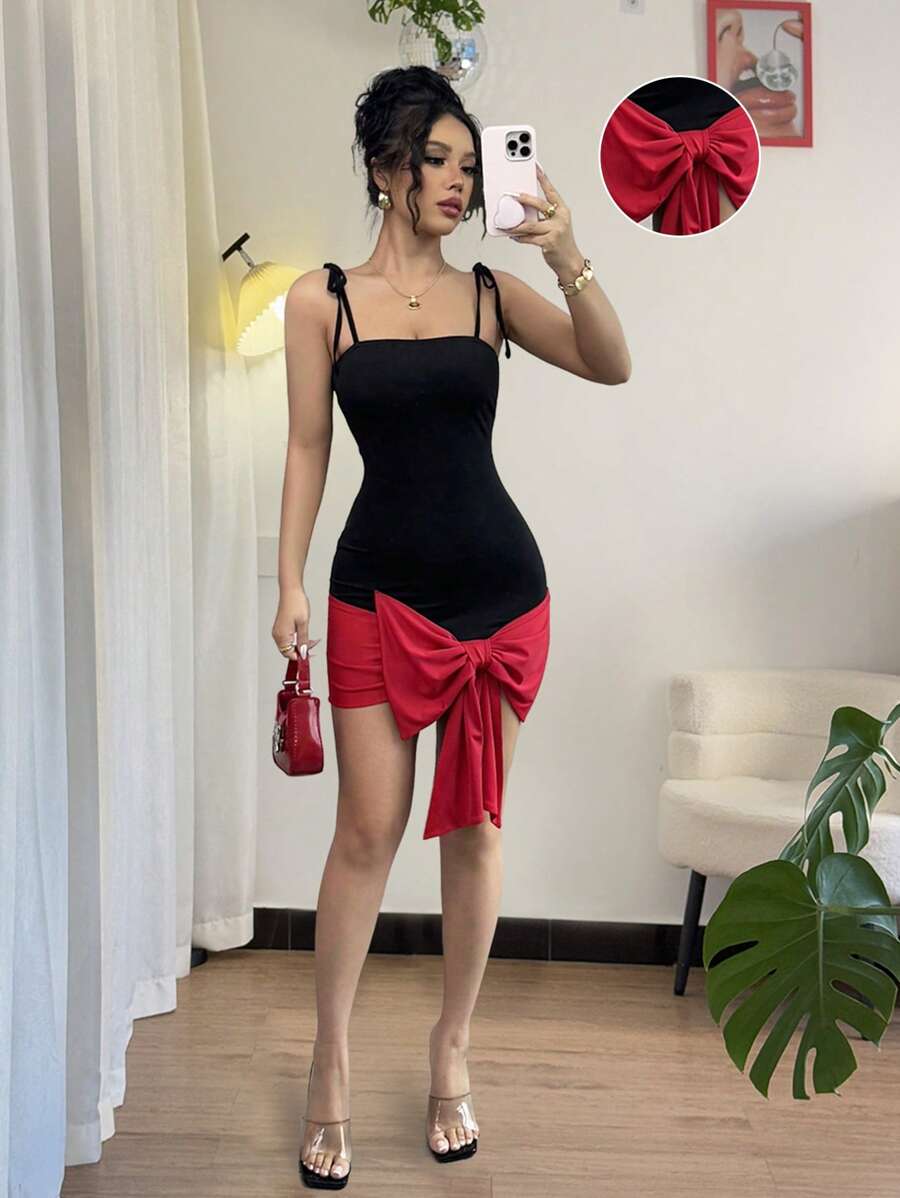 Elenzga Bow Knot Party Sleeveless Bodycon Mini Dress - Red and Black - View 1