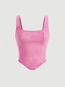 SHEIN MOD 女士纯色牛仔吊带背心，简约时尚 - 粉色 - 查看 1
