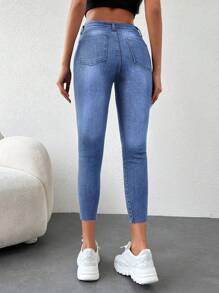 EURMUSE Raw Hem Skinny Cropped Jeans - Medium Wash - View 2
