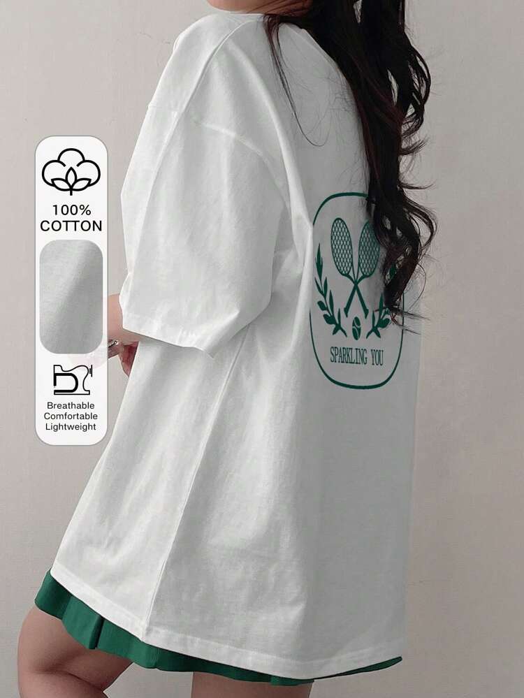 Women Casual Loose Fit Short Sleeve T-Shirt With Round Neck And Drop Shoulder For Daily Wear And Spring/Summer, Featuring Printed Design Graphic Tee Oversized T-Shirt Preppy Tops