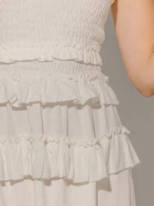 Aralina Boho White Smocked Shirred Ruffle Tiered Strapless Summer Vacation Dress - White - View 3
