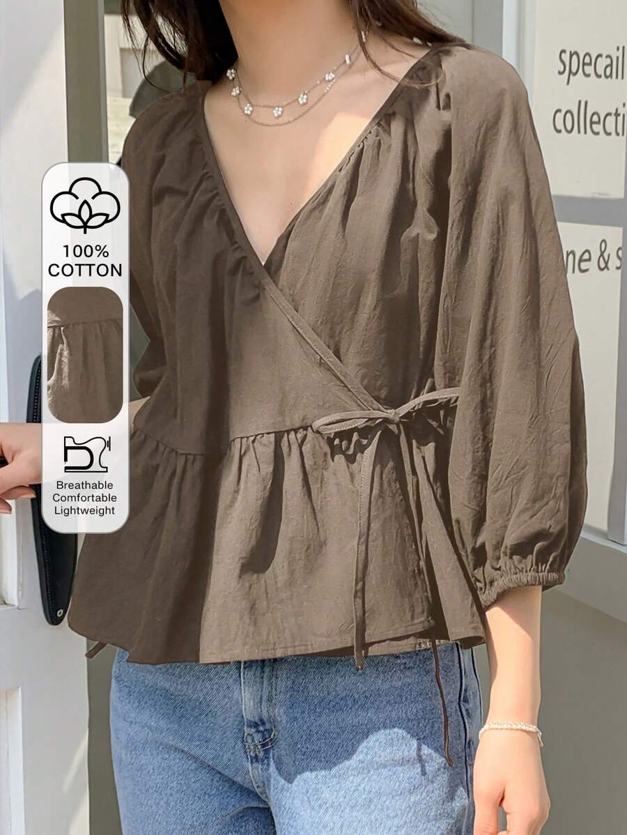 DAZY Áo sơ mi dài tay màu trơn giản dị xuân/hè, thắt lưng, bèo nhún - Cà phê nâu - Xem 1