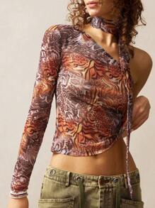 Bohemela Boho Knitted Leopard Print Net Fabric Slash Neck Fitted Women Top